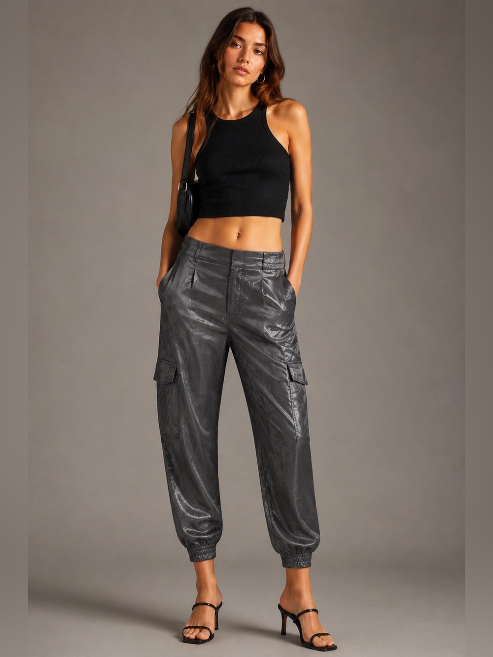Anthropologie Gray Metallic Shimmer Cargo Jogger Pants Small Utility Luxe S